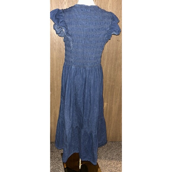 Women’s L 100% Cotton Denim Ruffle Sleeve Smocked Midi Dress with Washwell - Picture 4 of 9